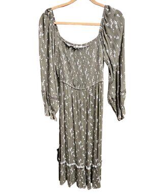Promesa Olive Green Floral Boho Midi Dress - Size M